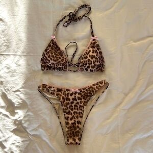 Leopard Print Triangle Bikini Set - Pink Accent